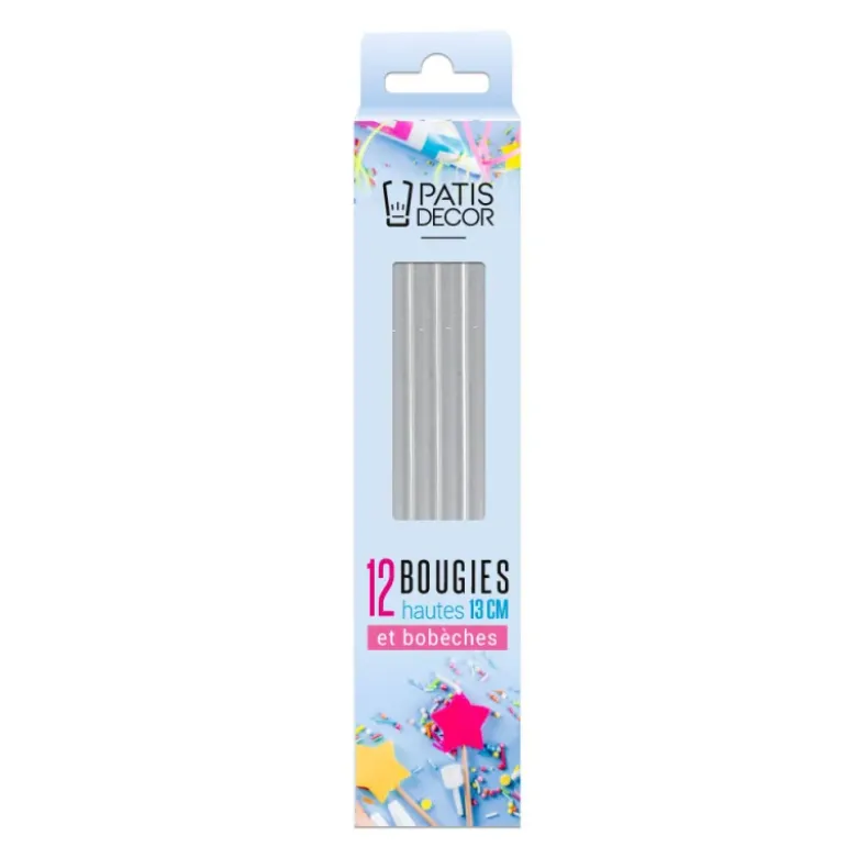 12 bougies argentées hautes 13 cm