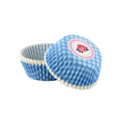 Caissettes cupcakes "Vichy bleu, décor rose" (x50)