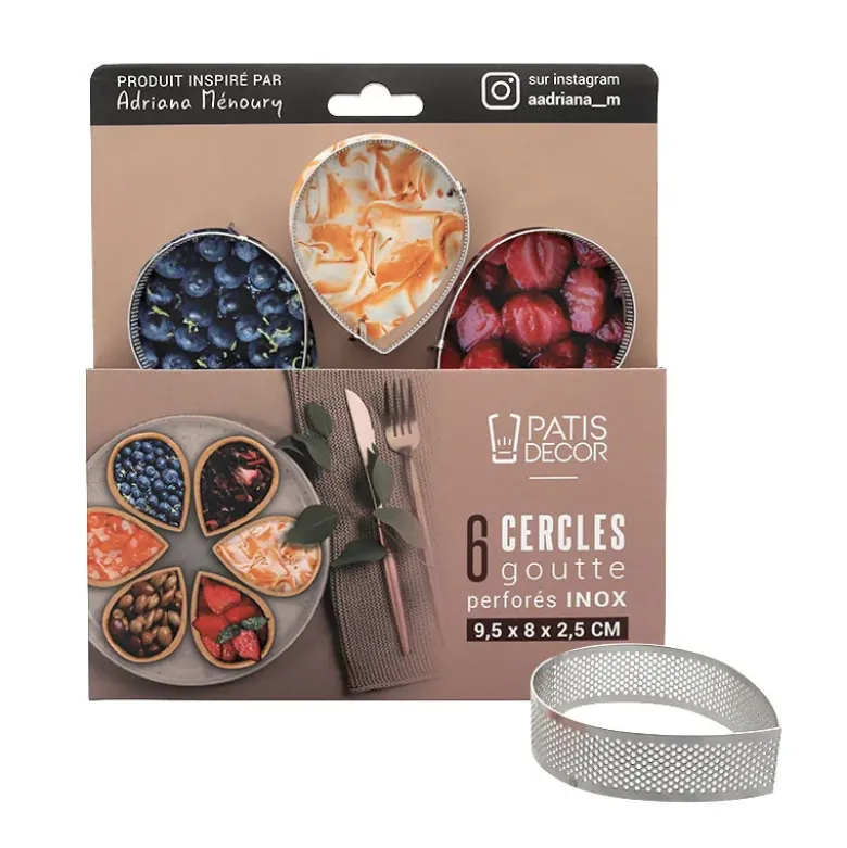 Cercles tarte "goutte" perforé en inox - 9,5 x 8 x 2,5 cm x 6