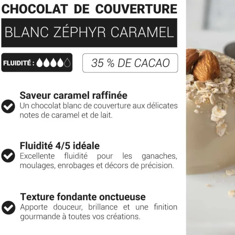Chocolat de couverture blanc Zéphyr Caramel - 35% de cacao - 250g