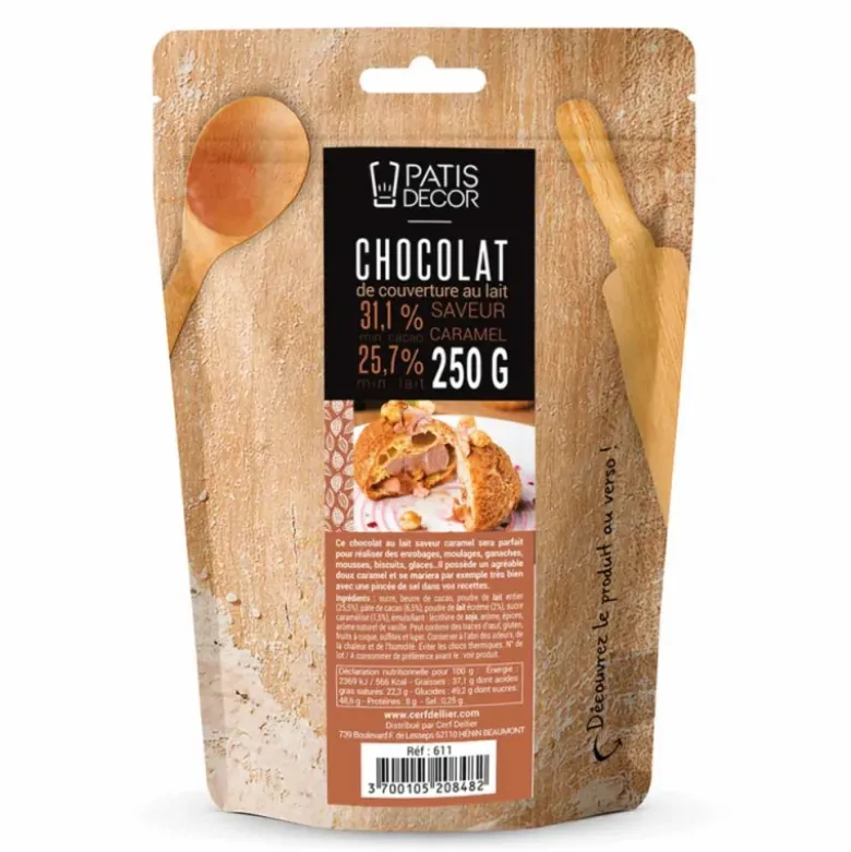 Chocolat de couverture lait saveur caramel - 31,1% de cacao - 250g
