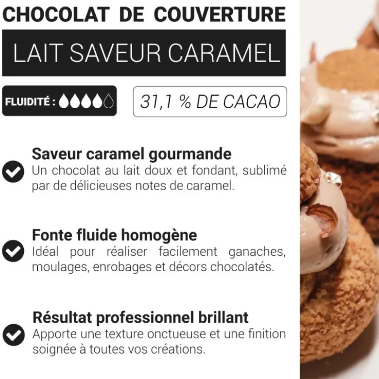 Chocolat de couverture lait saveur caramel - 31,1% de cacao - 250g