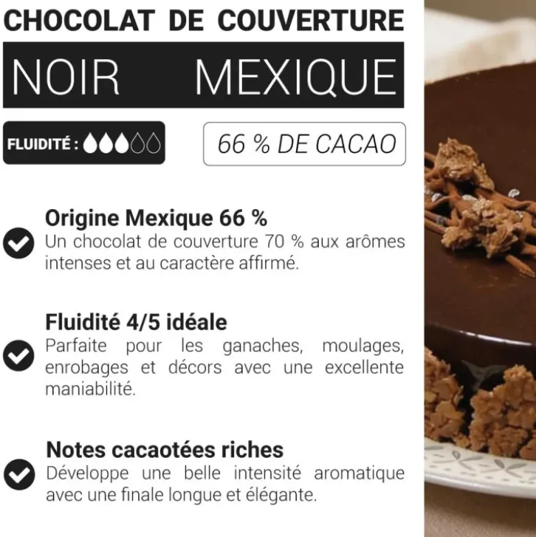 Chocolat de couverture noir Mexique - 66% de cacao - 250g