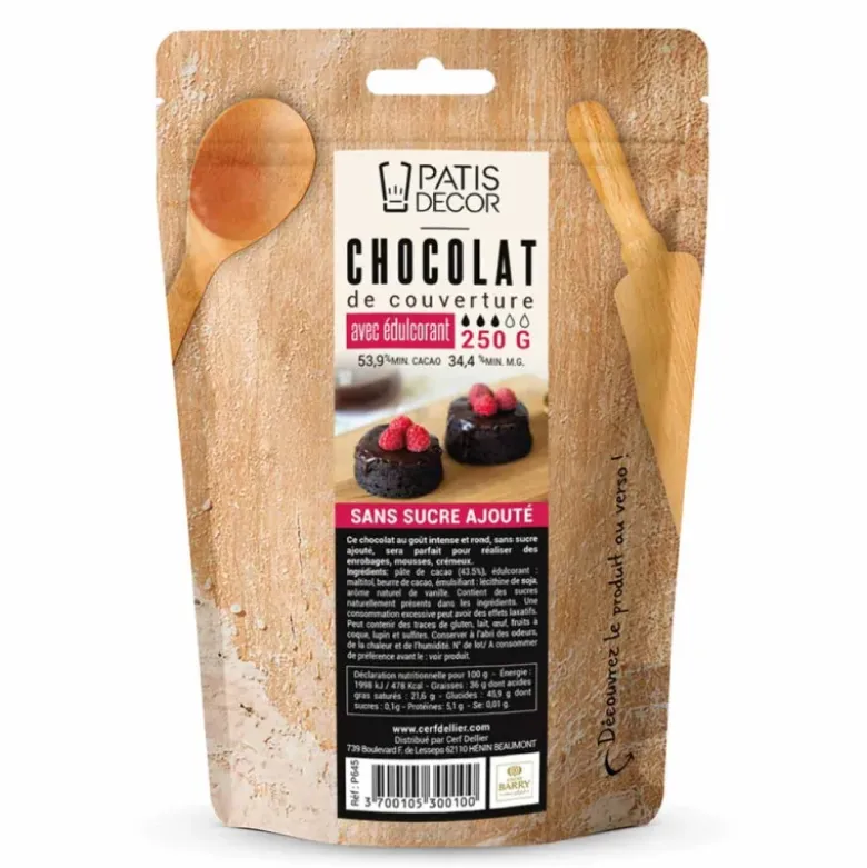 Chocolat de couverture noir sans sucres ajoutés - 53,9% de cacao - 250g - DDM 05/26