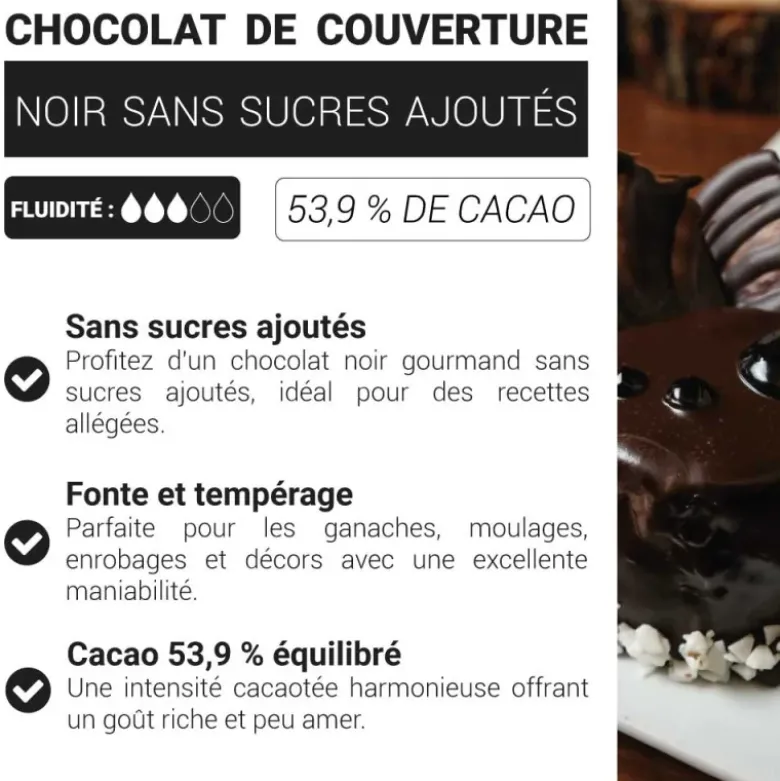 Chocolat de couverture noir sans sucres ajoutés - 53,9% de cacao - 250g - DDM 05/26