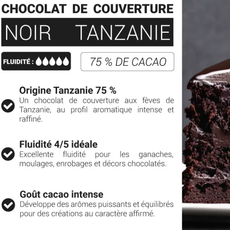 Chocolat de couverture noir Tanzanie - 75% de cacao - 250g