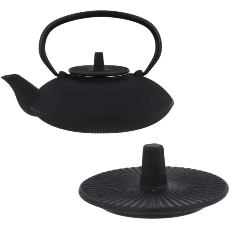 Coffret théière + tasses à rayures en fonte noir - 800 ml