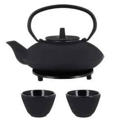 Coffret théière + tasses à rayures en fonte noir - 800 ml