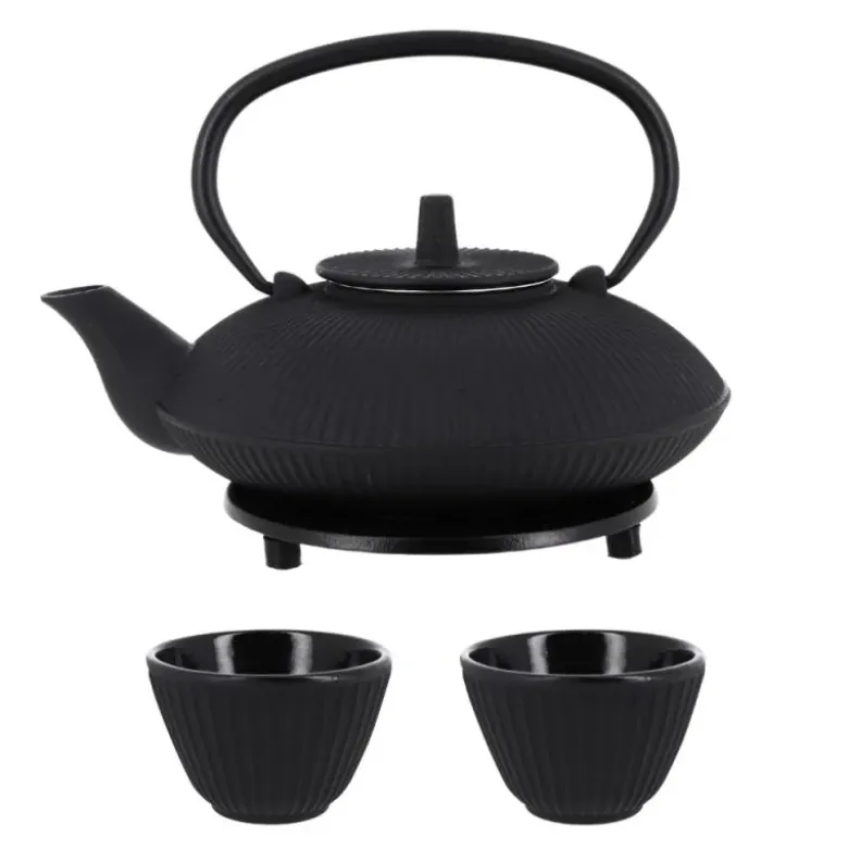 Coffret théière + tasses à rayures en fonte noir - 800 ml