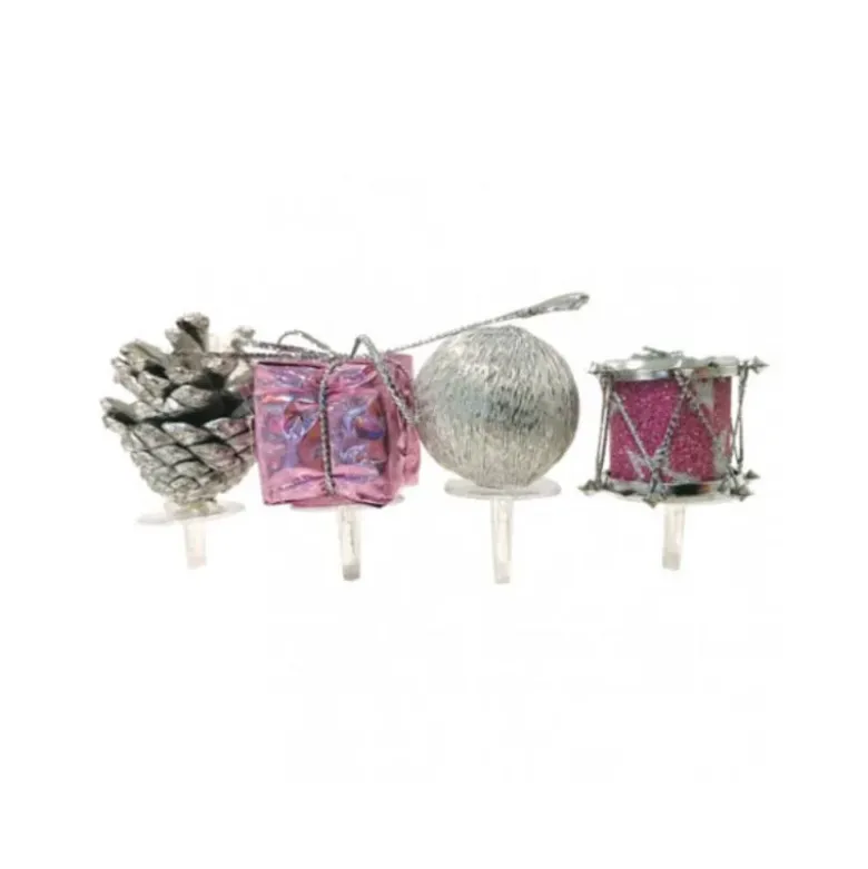 Décors de Noël assortis rose argent sur pique (x4)