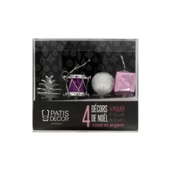 Décors de Noël assortis rose argent sur pique (x4)