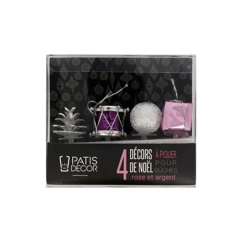 Décors de Noël assortis rose argent sur pique (x4)
