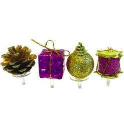 Décors de Noël assortis violet doré sur pique (x4)