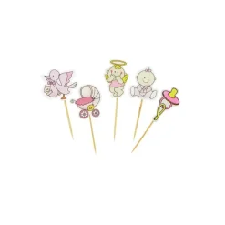 Décors naissance fille sur pique en bois (x10)