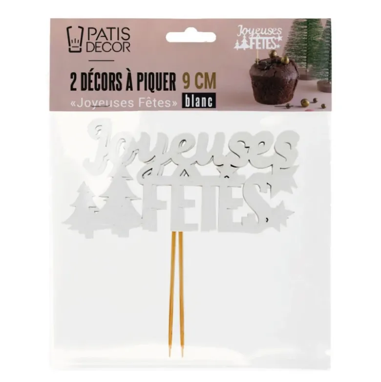 Décors sur pique "Joyeuses Fêtes" blancs (x2)