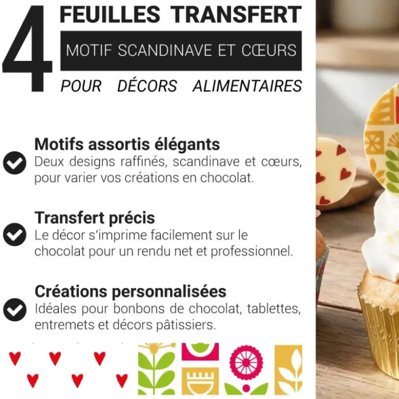 Feuilles transfert Scandinave et Coeurs assorties (x4) - DDM 06/26
