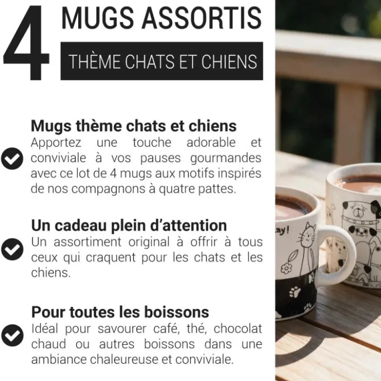 Lot de 4 tasses assorties thème "Chats et Chiens"