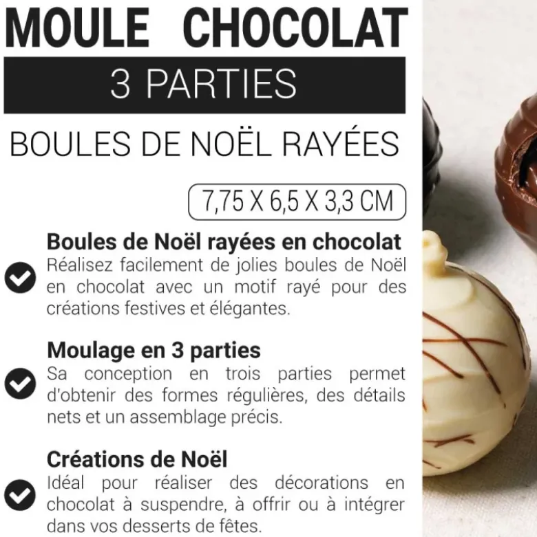 Moule chocolat en 3 parties Boules de Noël rayées