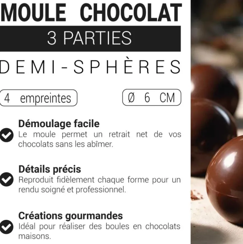 Moule chocolat en 3 parties demi-sphères 6 cm