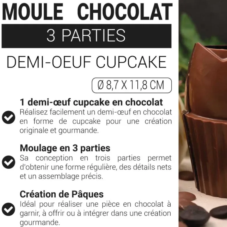 Moule chocolat en 3 parties demi œuf cupcake 3D