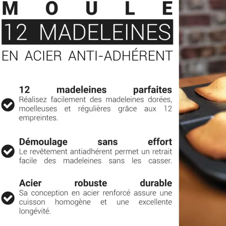 Moule 12 madeleines en acier antiadhérent sans PFAS 7,5x5cm