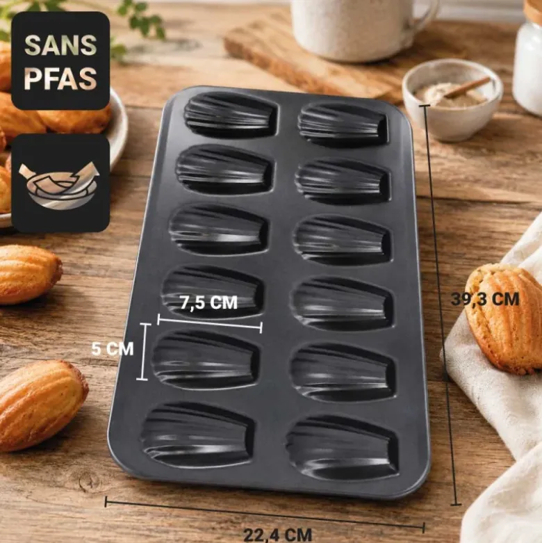 Moule 12 madeleines en acier antiadhérent sans PFAS 7,5x5cm