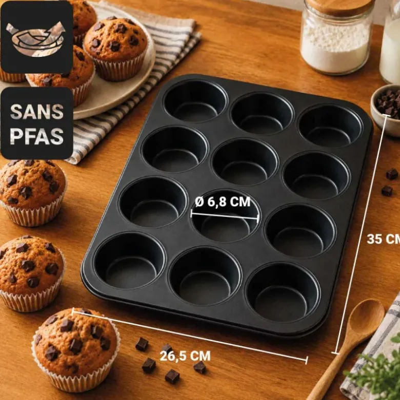 Moule 12 muffins en acier antiadhérent sans PFAS Ø6,8cm