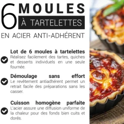 6 moules à tartelettes en acier antiadhérent sans PFAS - ø11,5cm