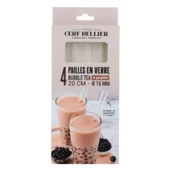 4 pailles en verre bubble tea et goupillon 20 cm - Ø 15 mm