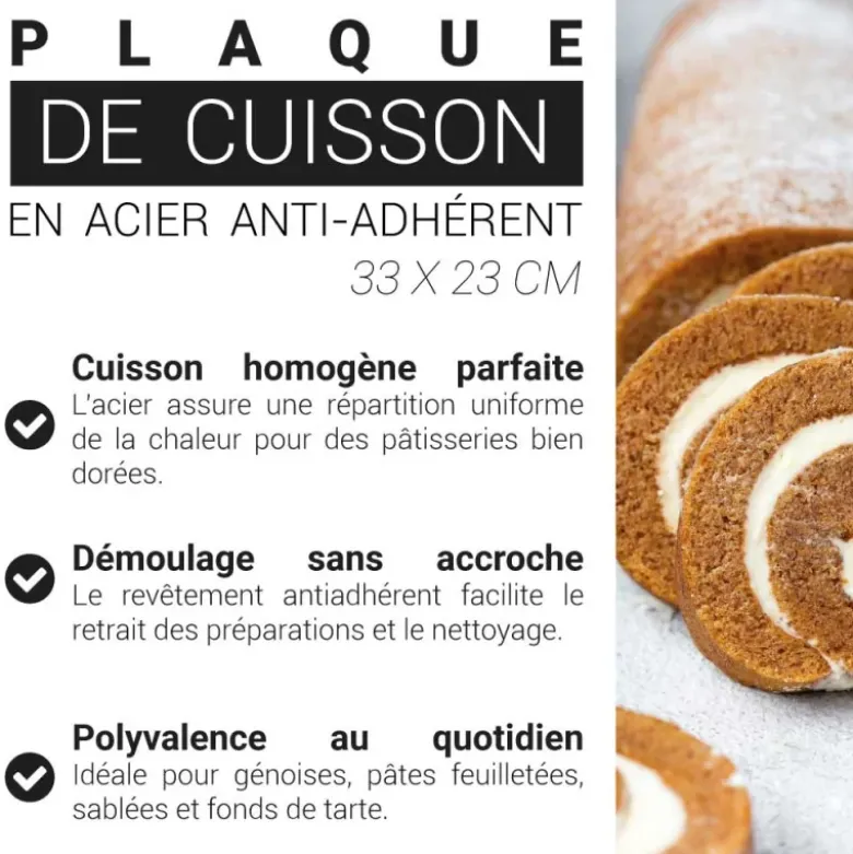 Plaque de cuisson en acier antiadhérent sans PFAS 33x23cm