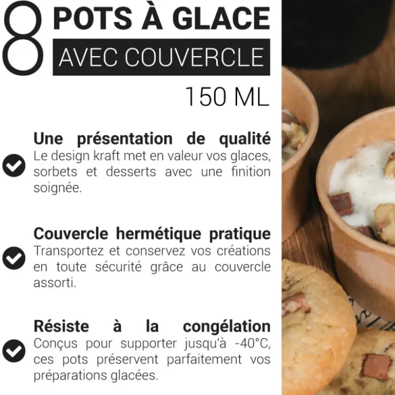 8 pots à glace 150 ml avec couvercle