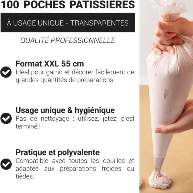Rouleau de 100 poches pâtissières à usage unique 55 cm
