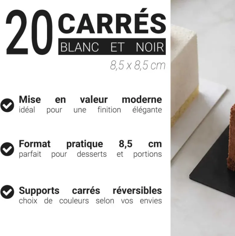 Supports cartonnés à gâteaux carrés blanc et noir (x20)